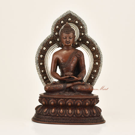 Framed Amitabha Buddha Statue with premium oxidation finish and silver-plated detailing