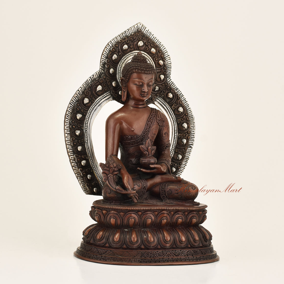 Right side view of Framed Medicine Buddha Statue in copper alloy with hand-carved detail