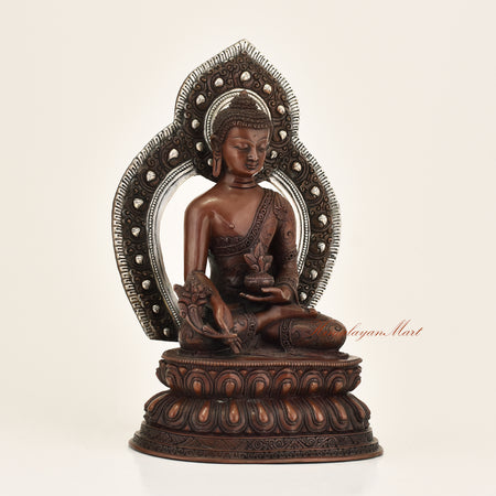 Right side view of Framed Medicine Buddha Statue in copper alloy with hand-carved detail