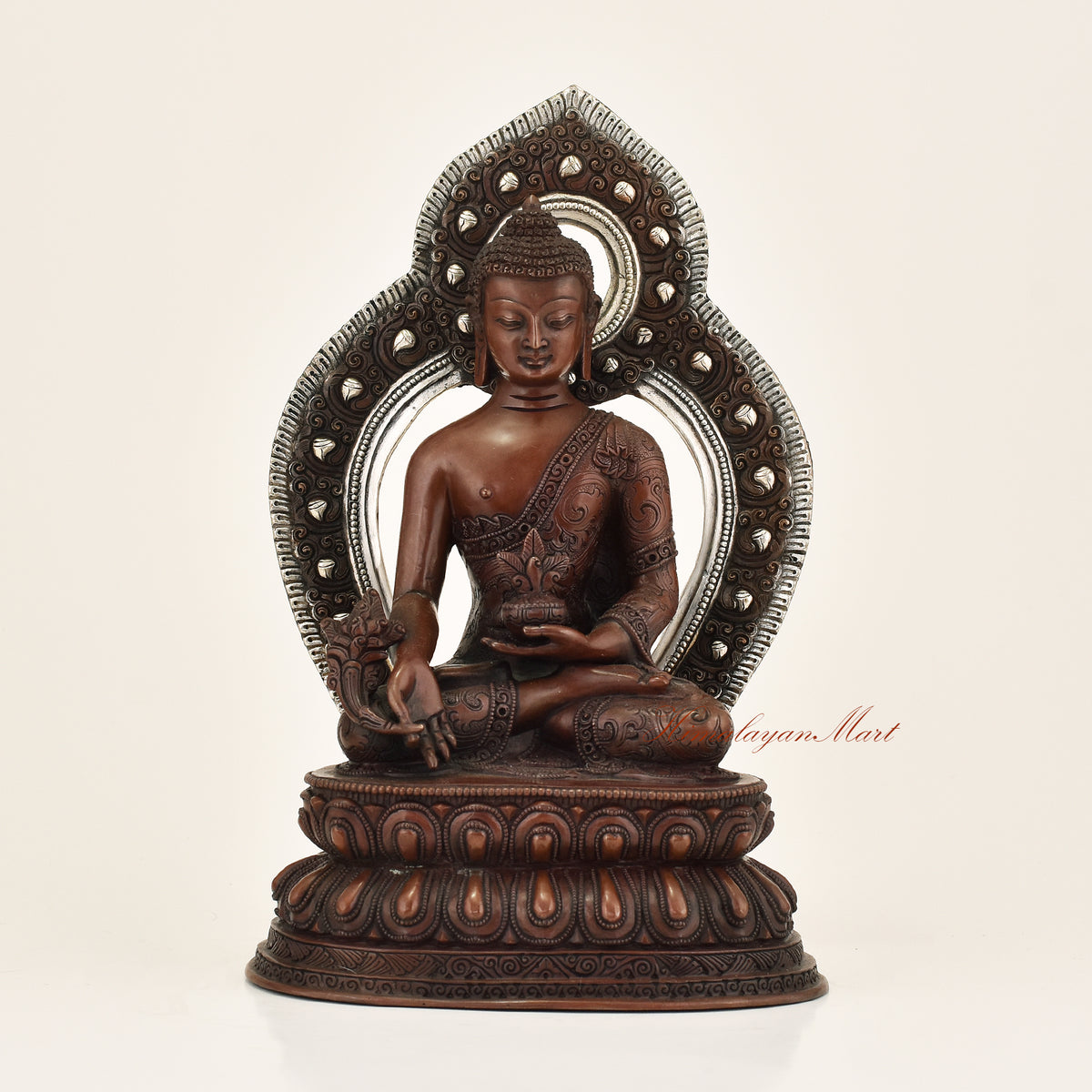 Framed Medicine Buddha Statue with premium oxidation finish and silver-plated detailing
