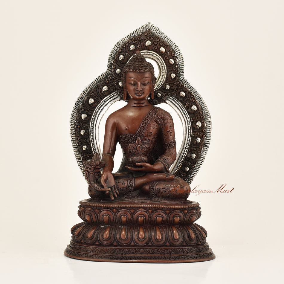 Framed Medicine Buddha Statue with premium oxidation finish and silver-plated detailing