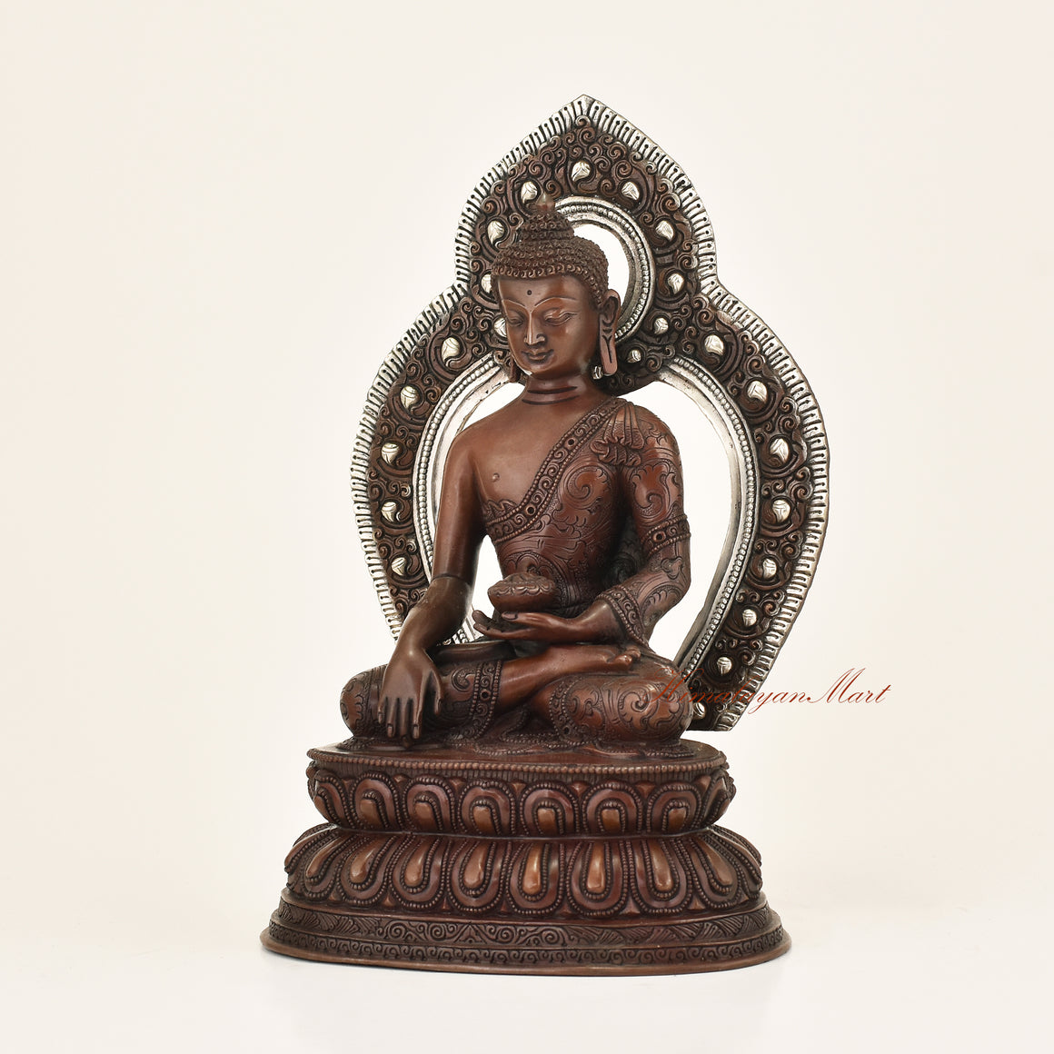 Left side view of Framed Shakyamuni Buddha Statue showing carved flowers and vines