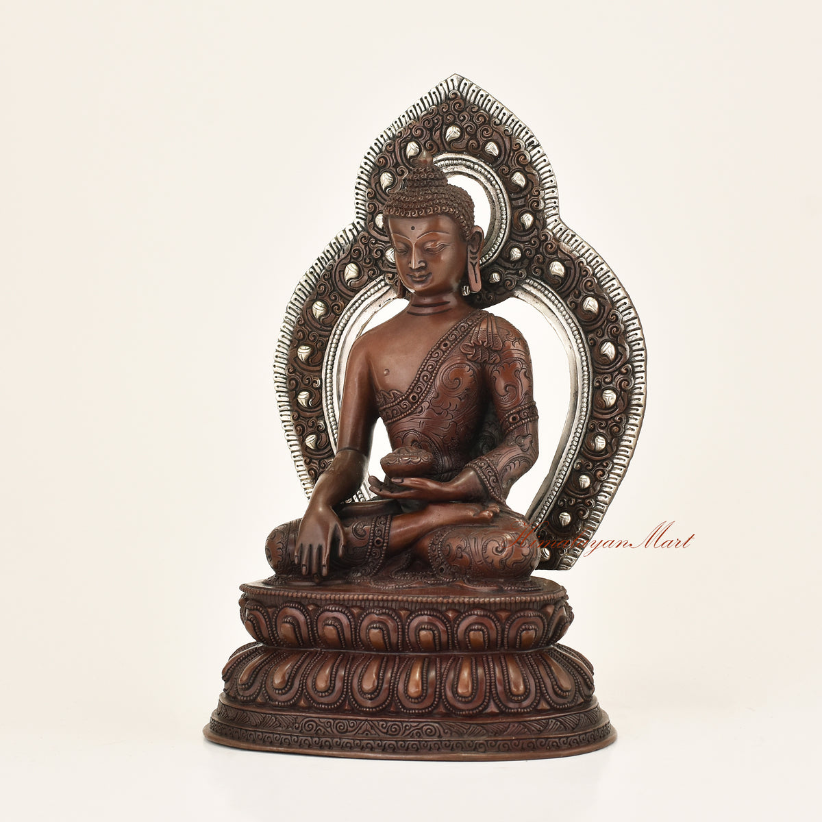 Left side view of Framed Shakyamuni Buddha Statue showing carved flowers and vines