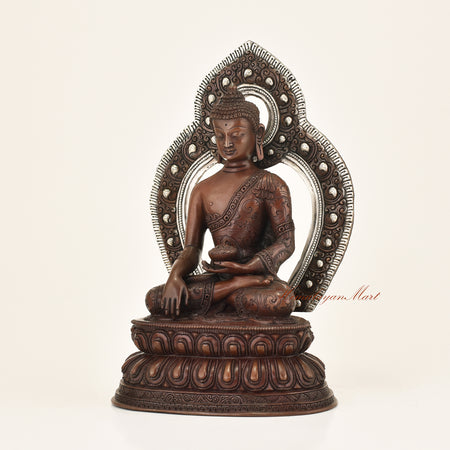 Left side view of Framed Shakyamuni Buddha Statue showing carved flowers and vines