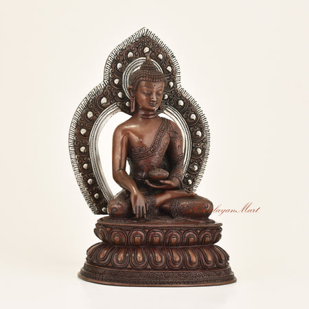 Right side view of Framed Shakyamuni Buddha Statue in copper alloy with hand-carved detail