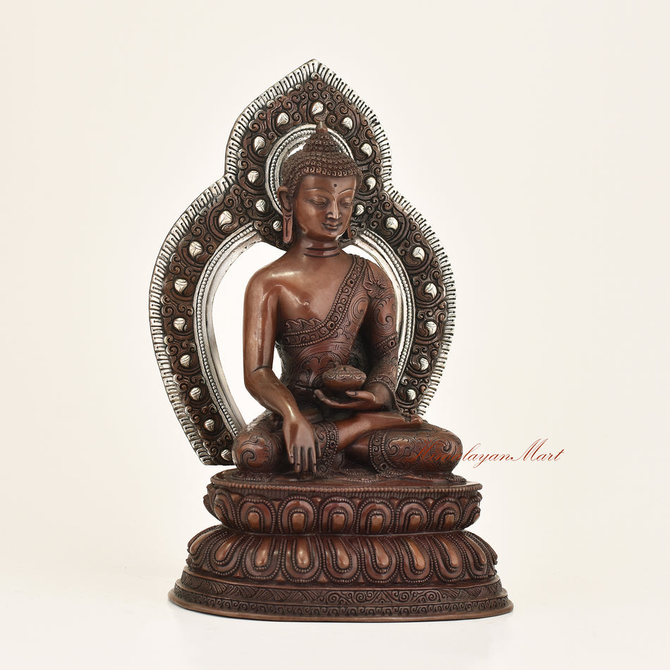 Right side view of Framed Shakyamuni Buddha Statue in copper alloy with hand-carved detail