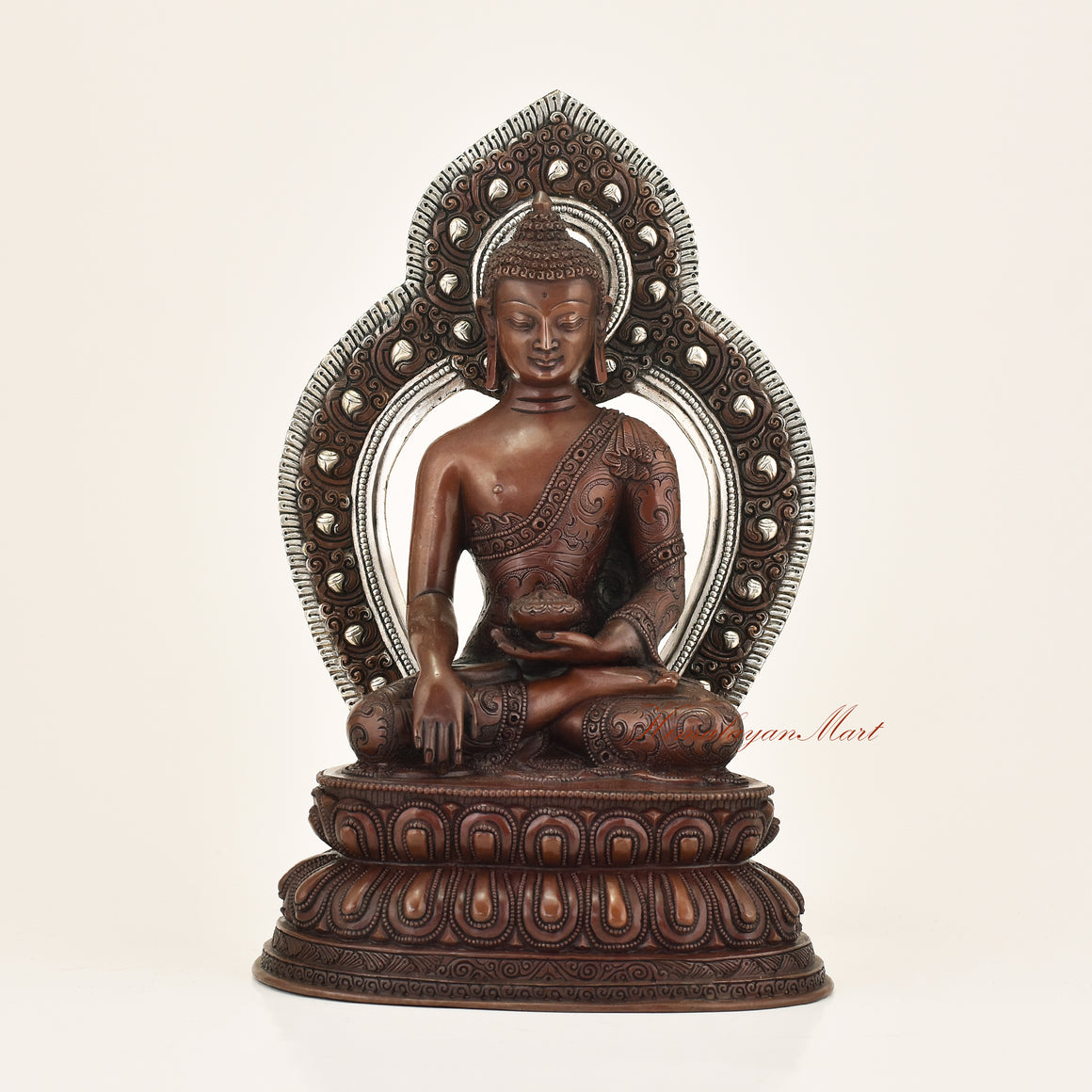 Framed Shakyamuni Buddha Statue with premium oxidation finish and silver-plated detailing