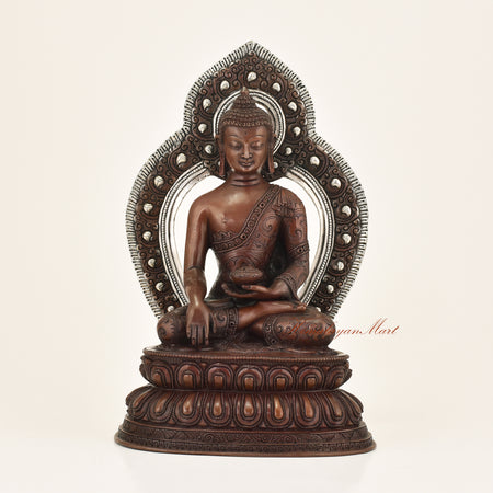 Framed Shakyamuni Buddha Statue with premium oxidation finish and silver-plated detailing