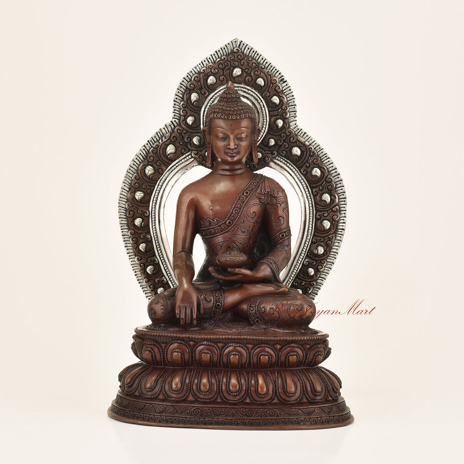 Framed Shakyamuni Buddha Statue with premium oxidation finish and silver-plated detailing