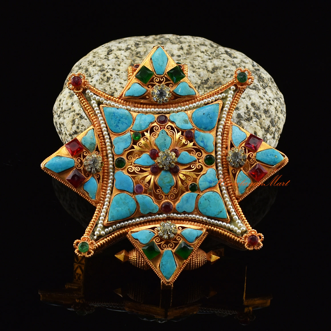 Front view of handmade Ghau Prayer Box Pendant in brass with gold, silver plating, and turquoise.