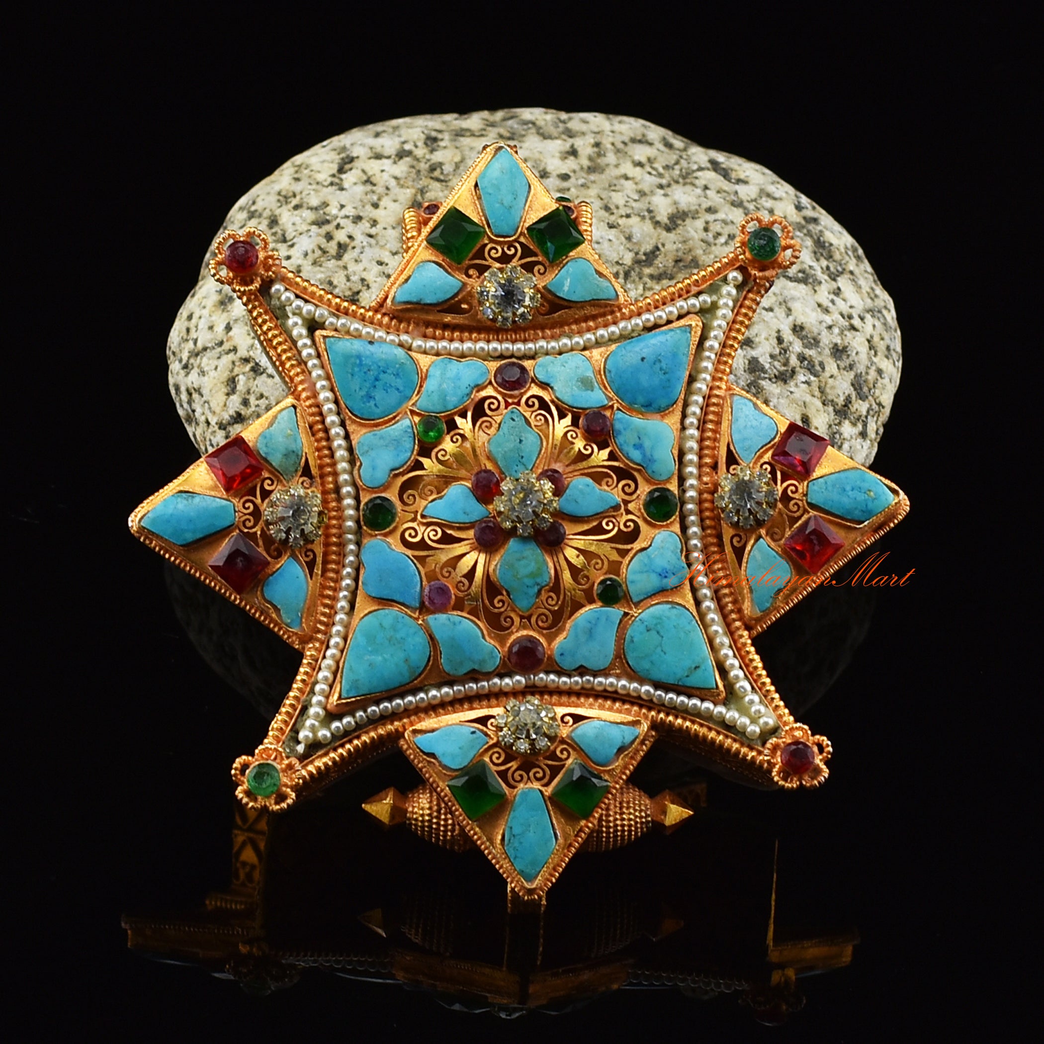 Front view of handmade Ghau Prayer Box Pendant in brass with gold, silver plating, and turquoise.