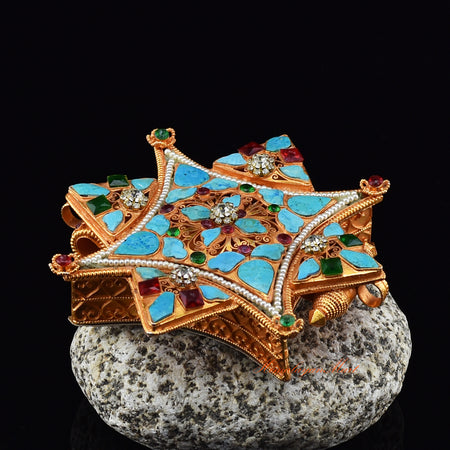 Side view of Tibetan Ghau Prayer Box Pendant showcasing intricate brass details and semi-precious stones.