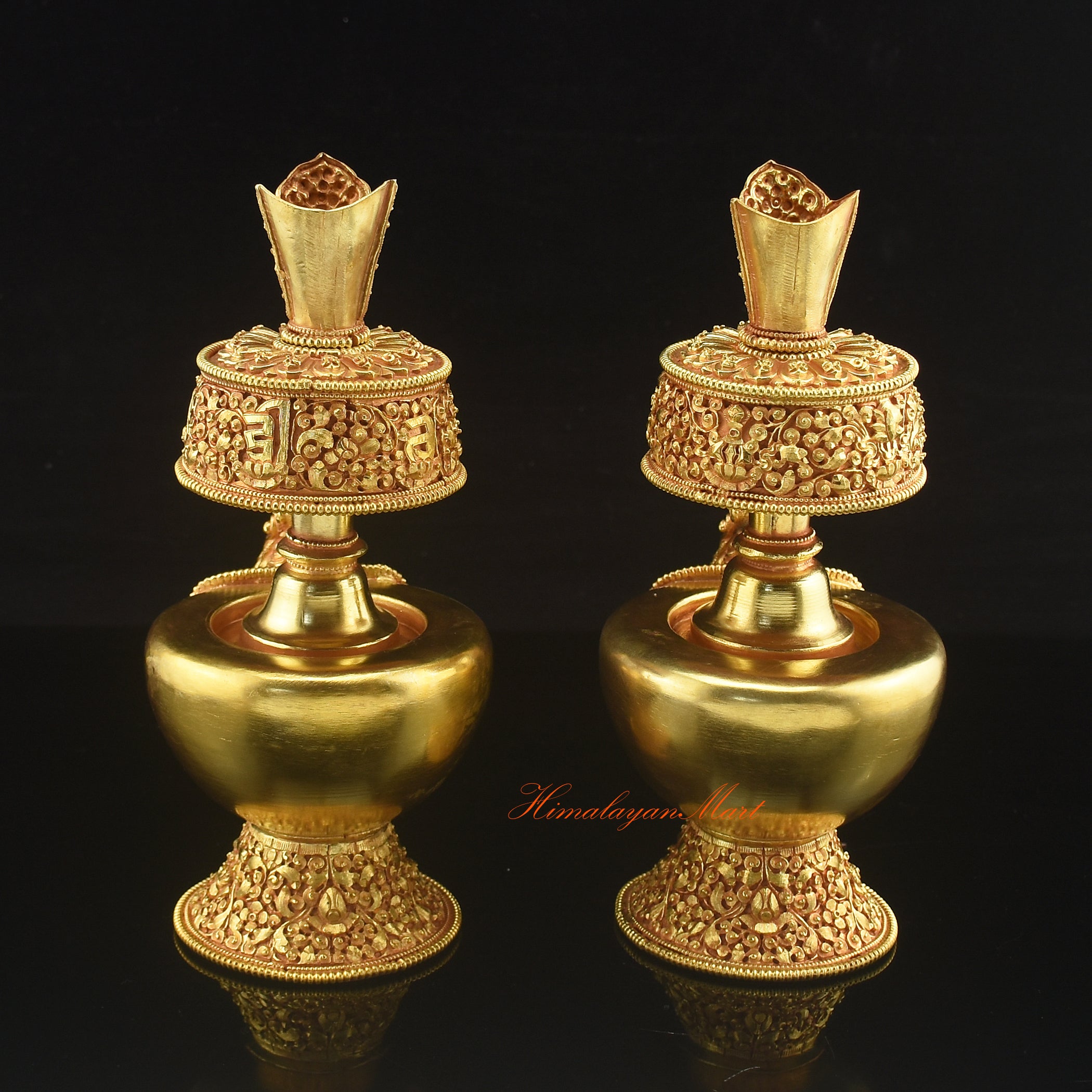 Back view of Gold Plated Bhumba showing hand-carved Buddhist symbols and smooth 24K gold plated finish.