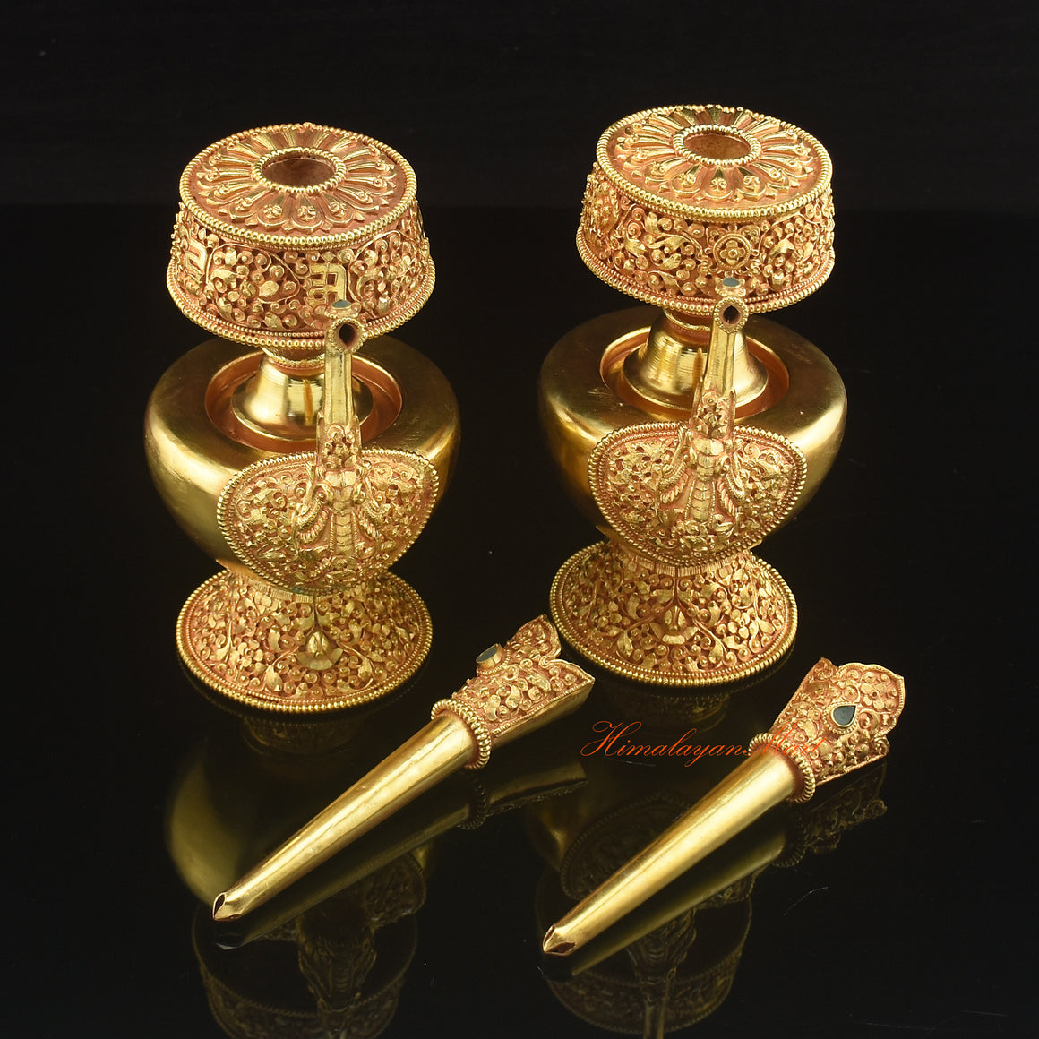 Individual parts of Gold Plated Bhumba ritual offering vases highlighting handcrafted copper alloy construction.