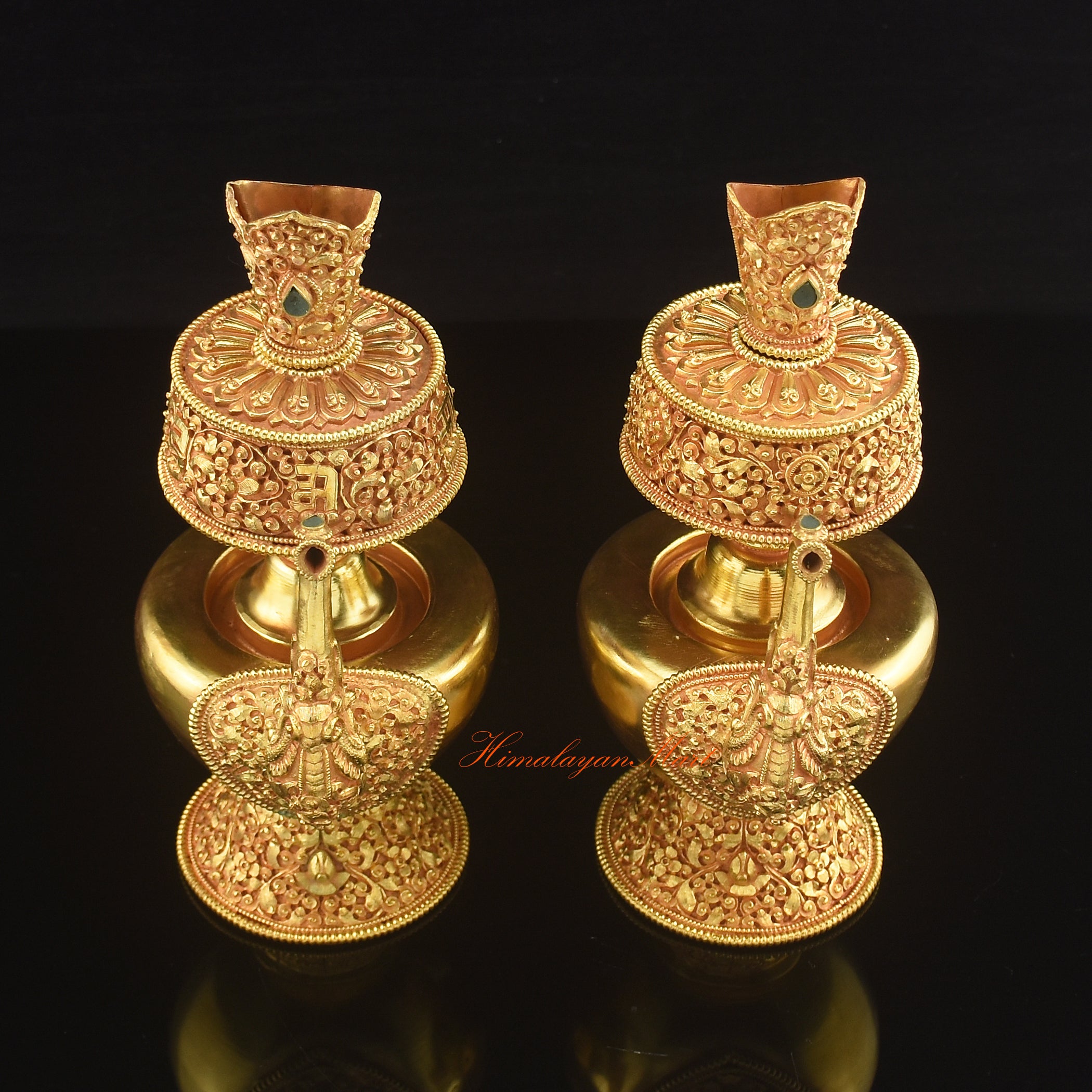 Upper view of Gold Plated Bhumba set showing handcrafted ritual vases with polished 24-karat gold plating.