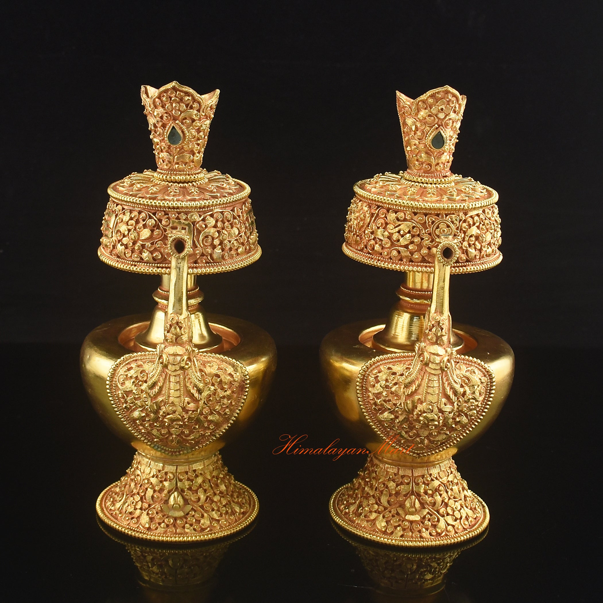 Gold Plated Bhumba handcrafted from copper alloy with 24K gold finish, used as sacred Buddhist ritual offering vases.