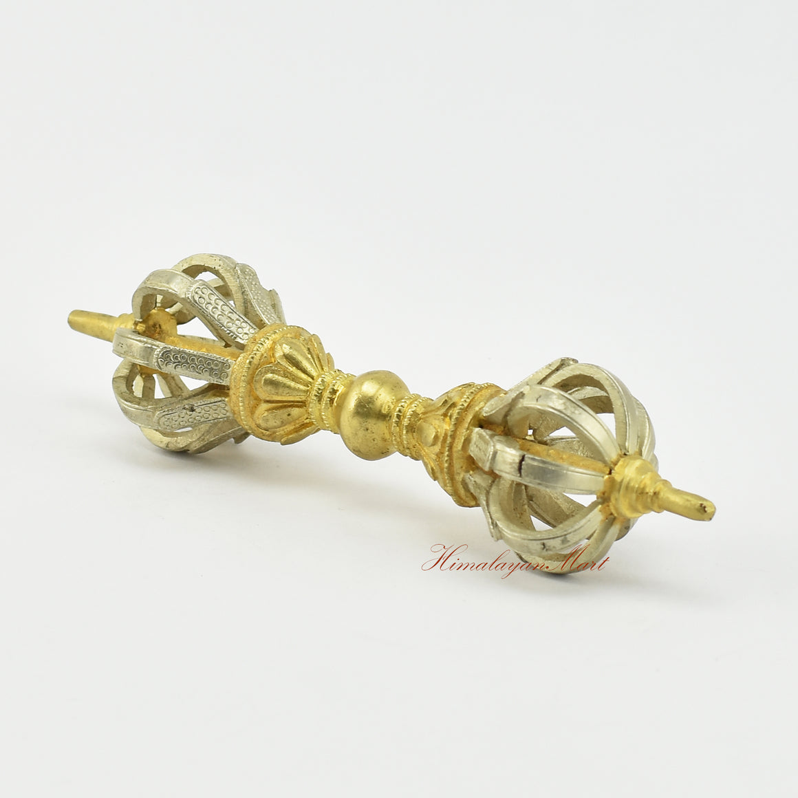 Left side view of gold-plated Tibetan Dorje Vajra in five sacred metals, Patan Nepal craftsmanship