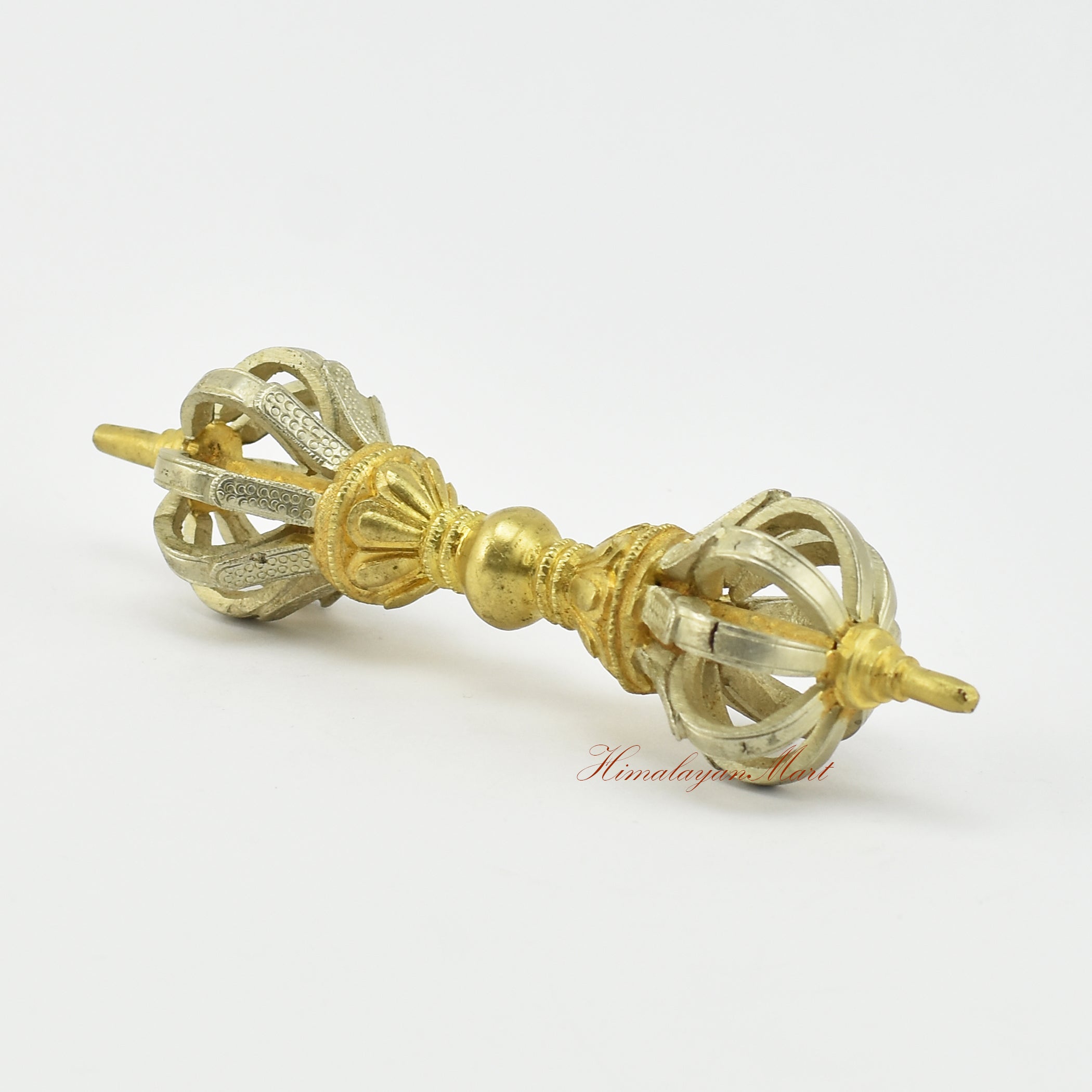 Left side view of gold-plated Tibetan Dorje Vajra in five sacred metals, Patan Nepal craftsmanship