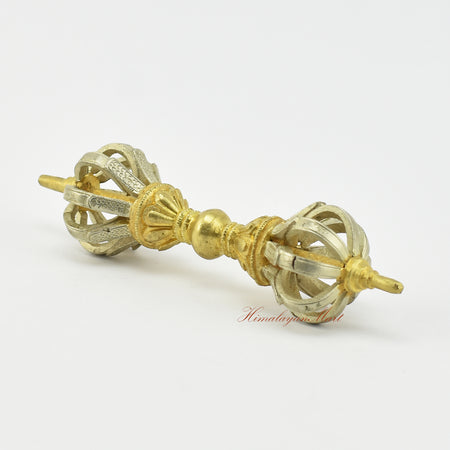 Left side view of gold-plated Tibetan Dorje Vajra in five sacred metals, Patan Nepal craftsmanship