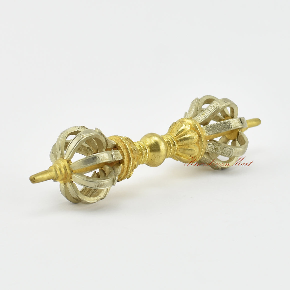 Right side view of gold-plated Tibetan Dorje Vajra, five sacred metal alloy, handmade in Nepal