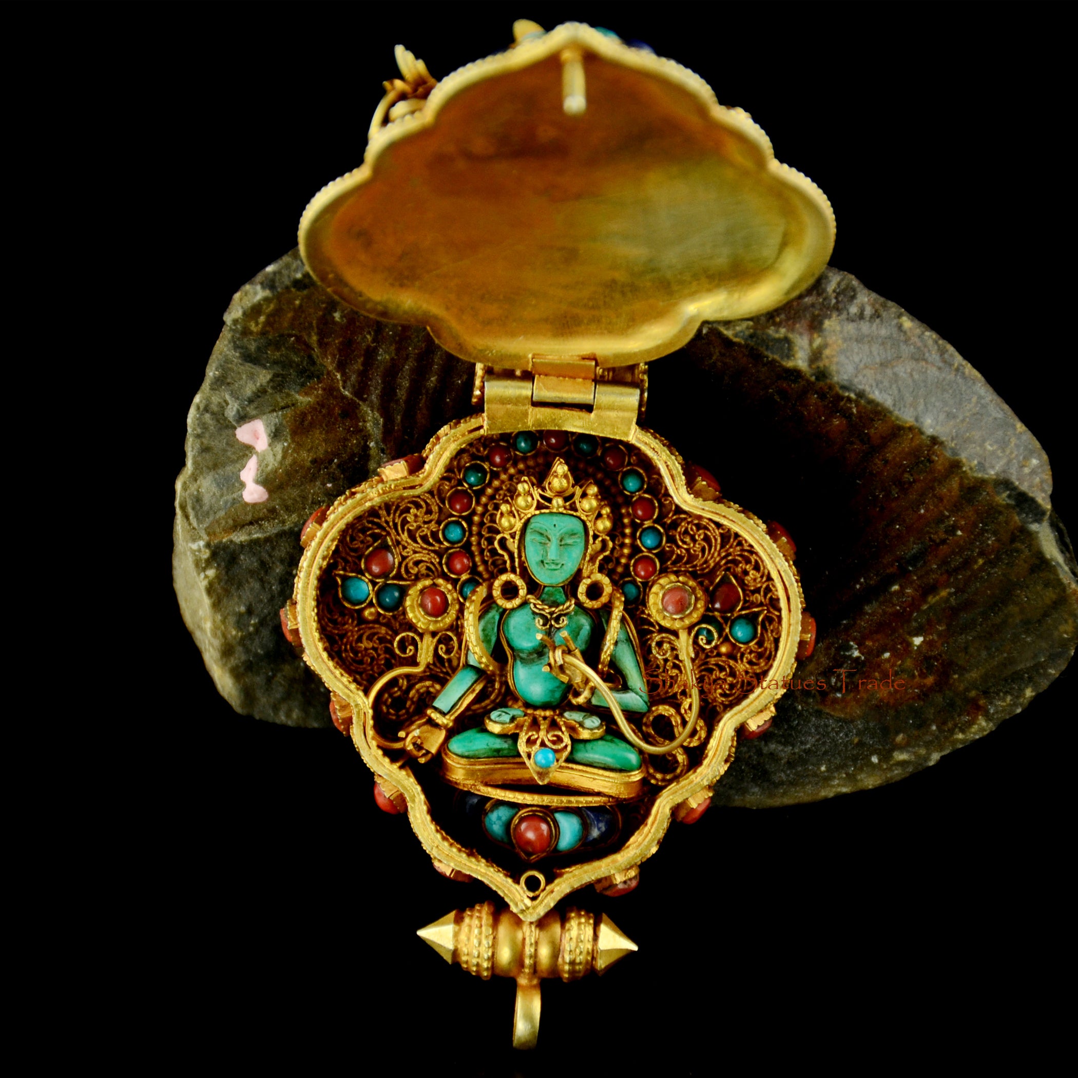 Opened Green Tara and White Tara Tibetan Silver Ghau revealing inner White Tara turquoise figure