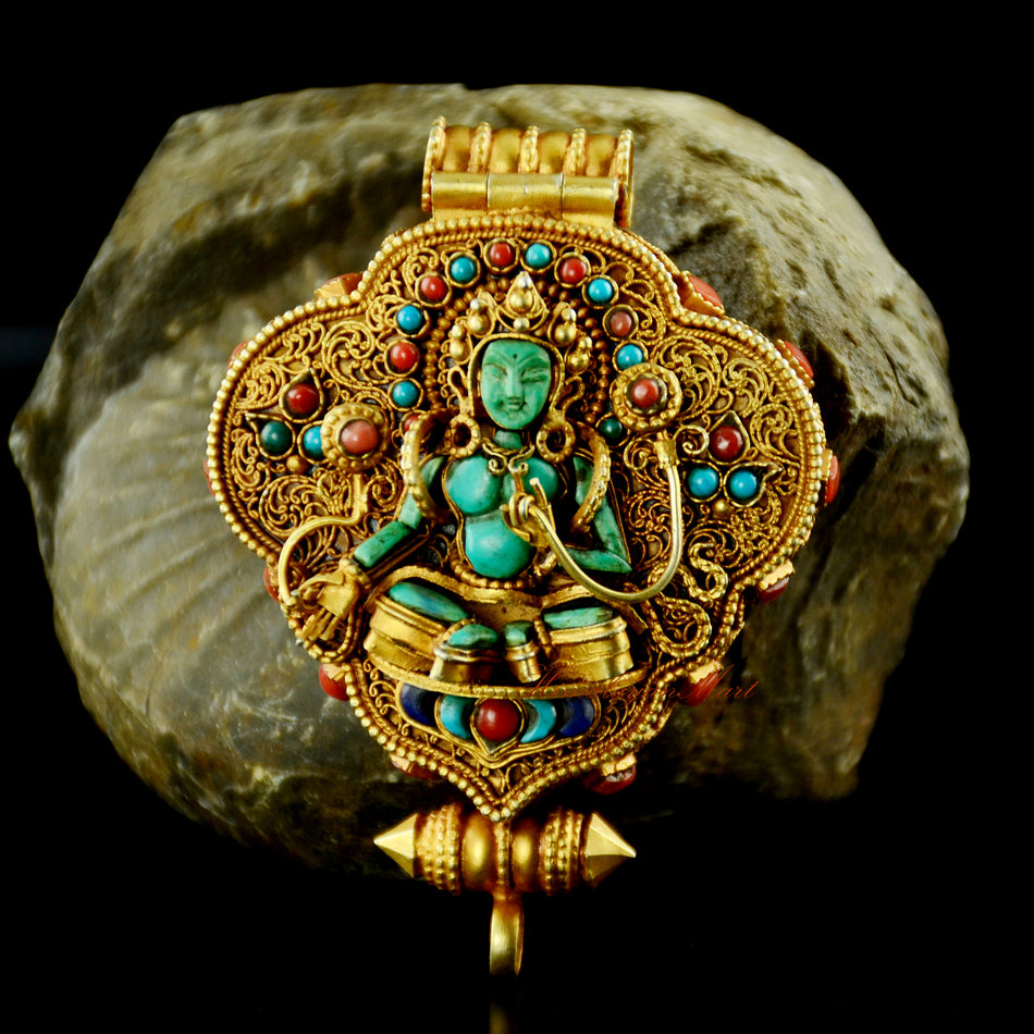 Green Tara and White Tara Tibetan Silver Ghau prayer box pendant handcrafted in gold-plated silver