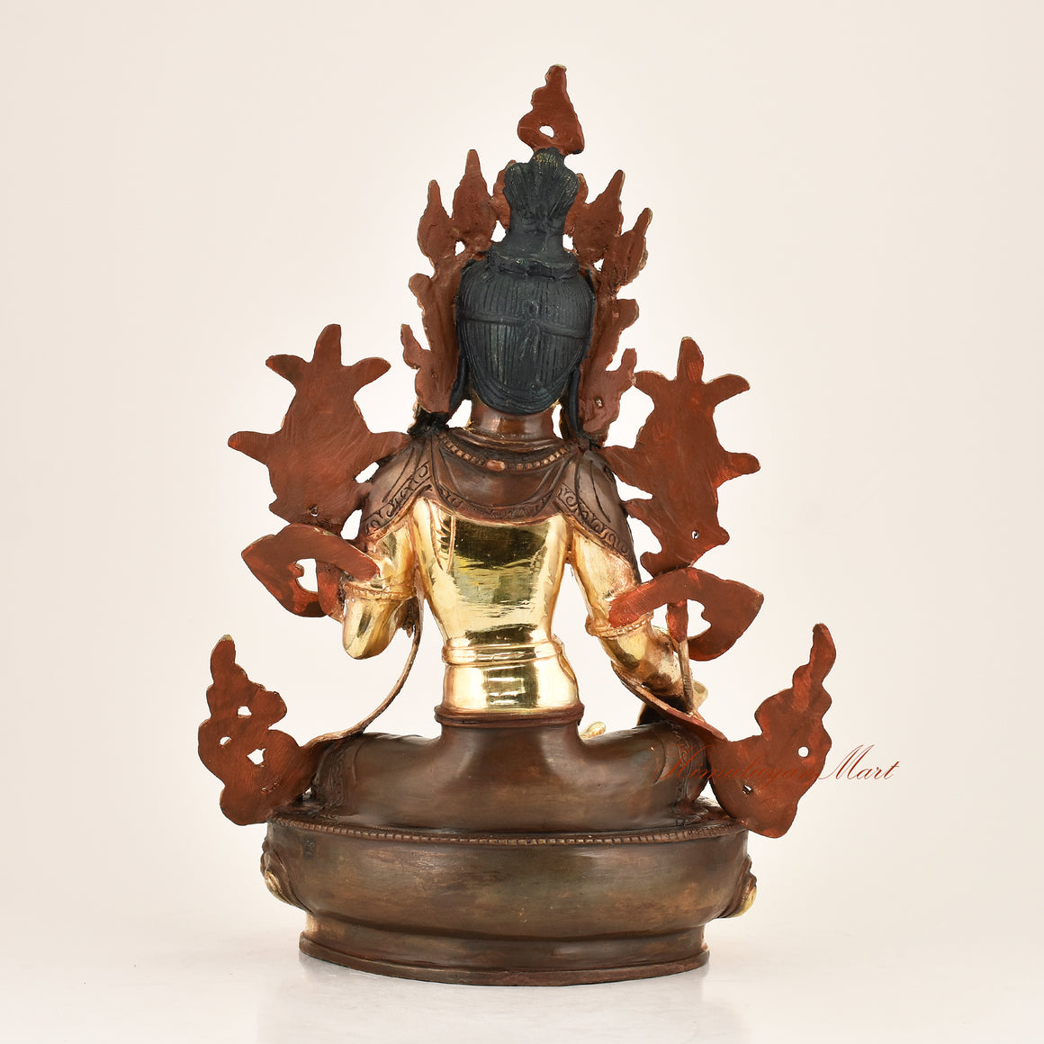 Back view of the Green Tara Buddhist Statue displaying the detailed lost-wax cast copper alloy construction and traditional Himalayan Buddhist metalwork from Patan, Nepal