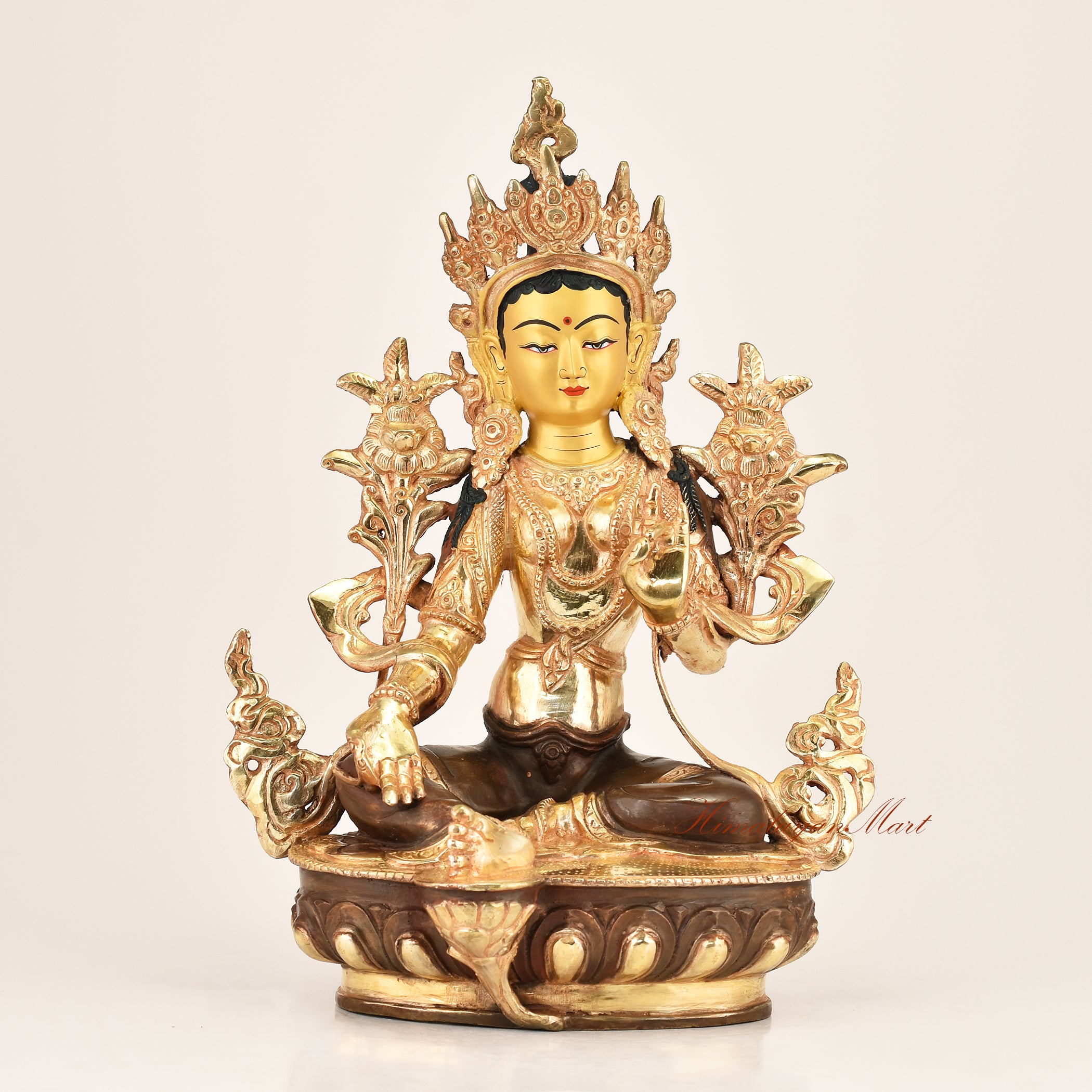 Green Tara Buddhist Statue — gold-plated copper alloy traditional shrine sculpture of the Female Buddha of Compassion, handcrafted by master artisans in Patan, Nepal
