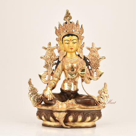 Green Tara Buddhist Statue — gold-plated copper alloy traditional shrine sculpture of the Female Buddha of Compassion, handcrafted by master artisans in Patan, Nepal