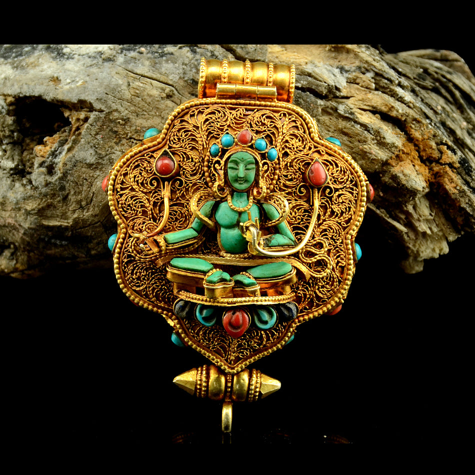 Green Tara Manjushri Silver Ghau Pendant