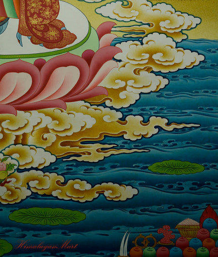 Bottom left corner of Green Tara Meditation Art showing sacred offerings and detailed patterns