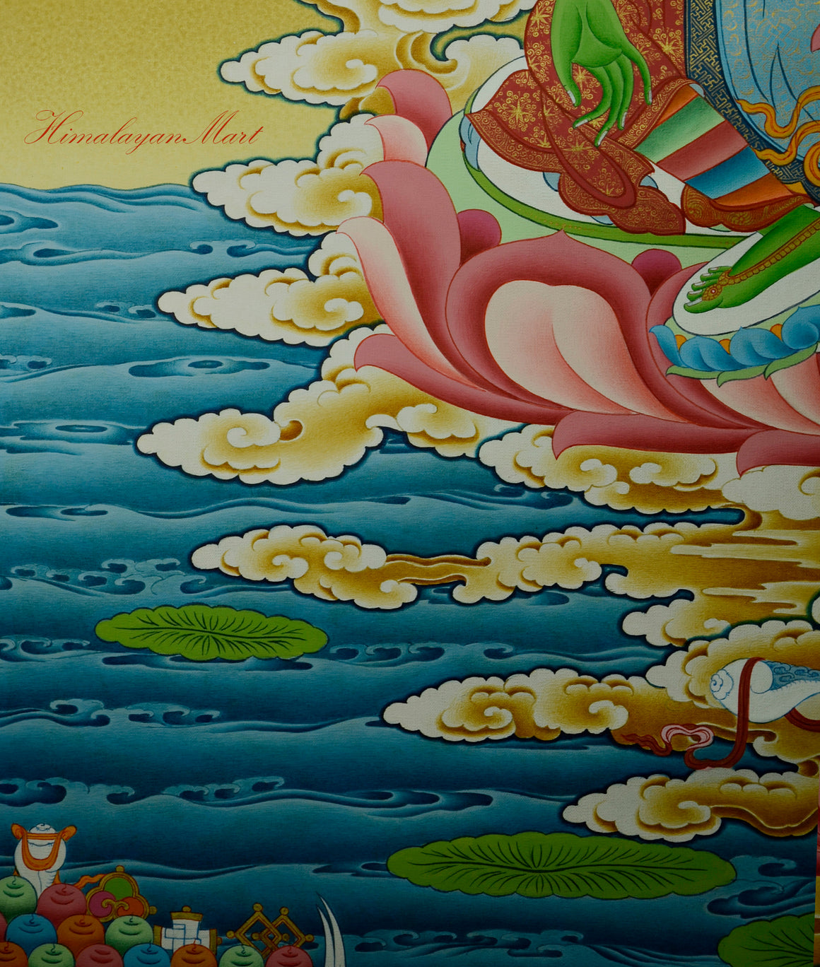 Bottom right section of Green Tara Meditation Art featuring symbolic offerings of the five senses