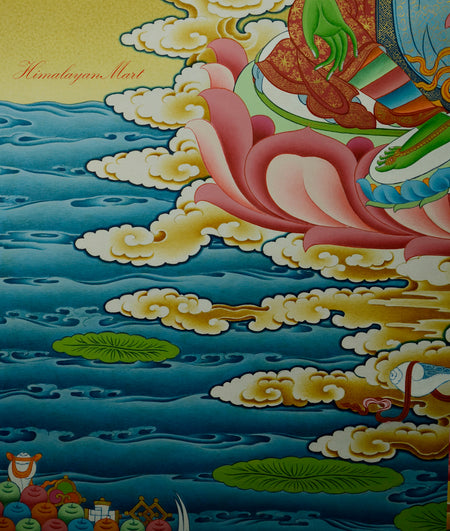 Bottom right section of Green Tara Meditation Art featuring symbolic offerings of the five senses