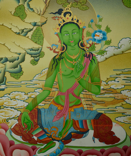Detail section of the Green Tara Meditation Art highlighting intricate brushwork and gold detailing