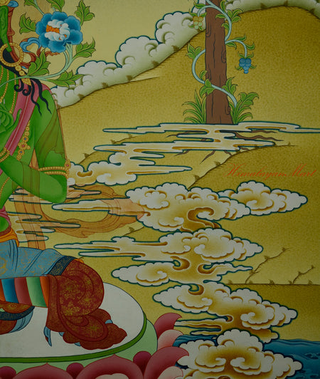 Utapala lotus held by Green Tara’s left hand, symbolizing past, present, and future