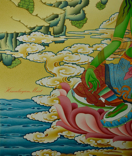 Detail of Green Tara’s right hand and extended right leg in relaxed meditation pose