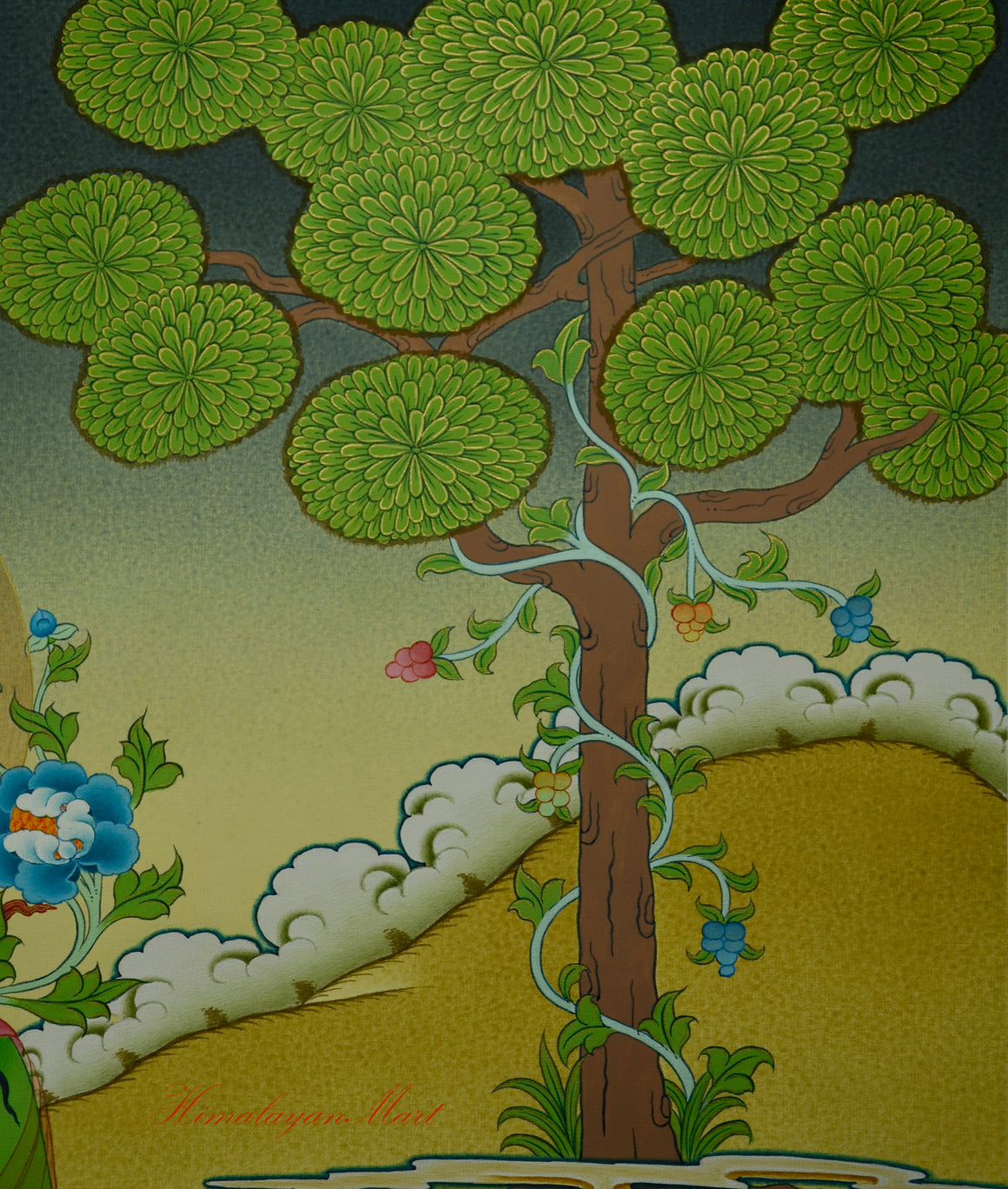 Top left corner of the Green Tara thangka showing hills, tree, and sacred scenery