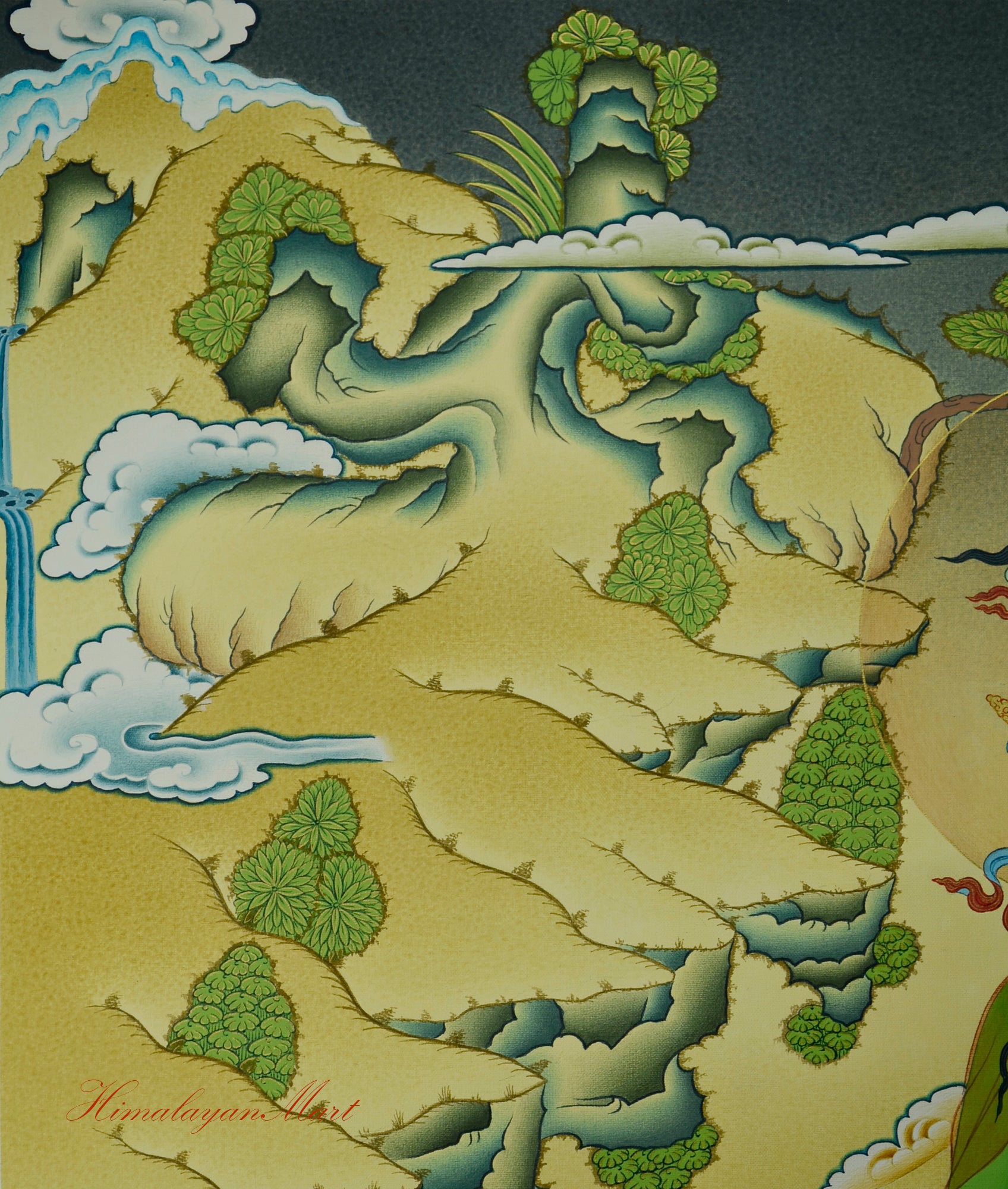Top right section of Green Tara Meditation Art with snow caped mountains, hills, flowing rivers and landscape elements