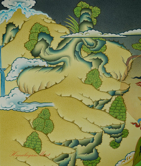 Top right section of Green Tara Meditation Art with snow caped mountains, hills, flowing rivers and landscape elements