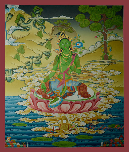 Full view of Green Tara Meditation Art – hand-painted Tibetan thangka for spiritual healing