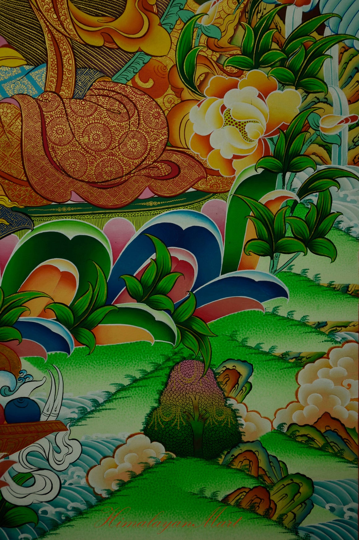 Detail of the bottom-left corner of Green Tara Meditation Thangka, showing offerings and lotus base in Tibetan style.