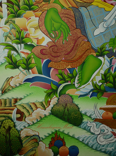 Bottom-right leg and corner detail of Green Tara Meditation Thangka, highlighting sacred pond, gems, and decorative elements.