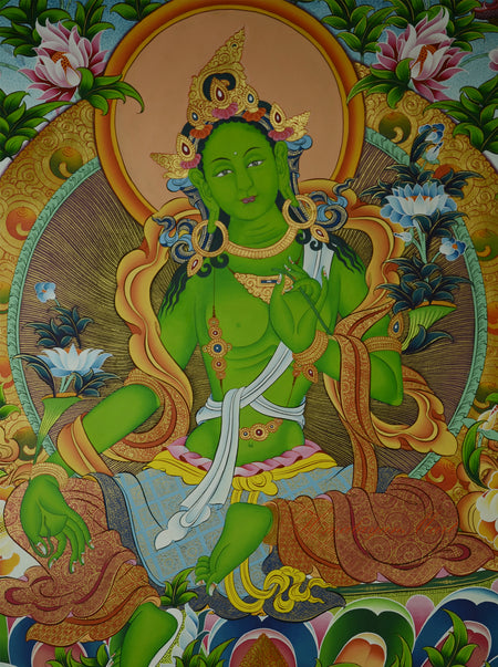 Close-up detail of hand-painted Green Tara Meditation Thangka, highlighting vibrant colors and intricate 24K gold accents.