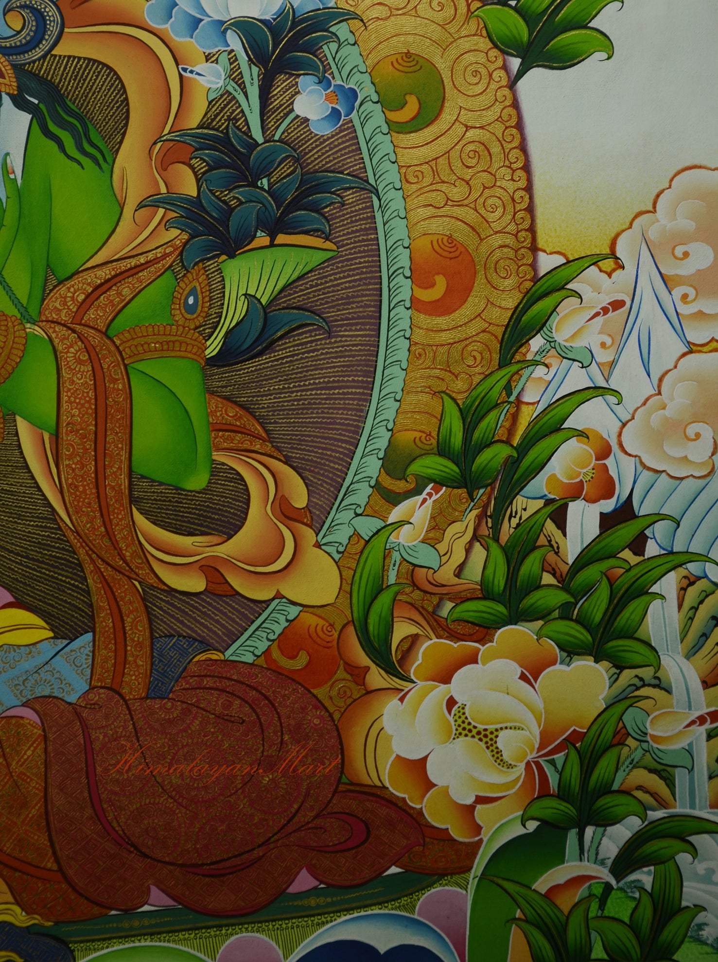Close-up of Green Tara’s left knee and elbow in Meditation Thangka, showing detailed lotus base and vibrant robes.
