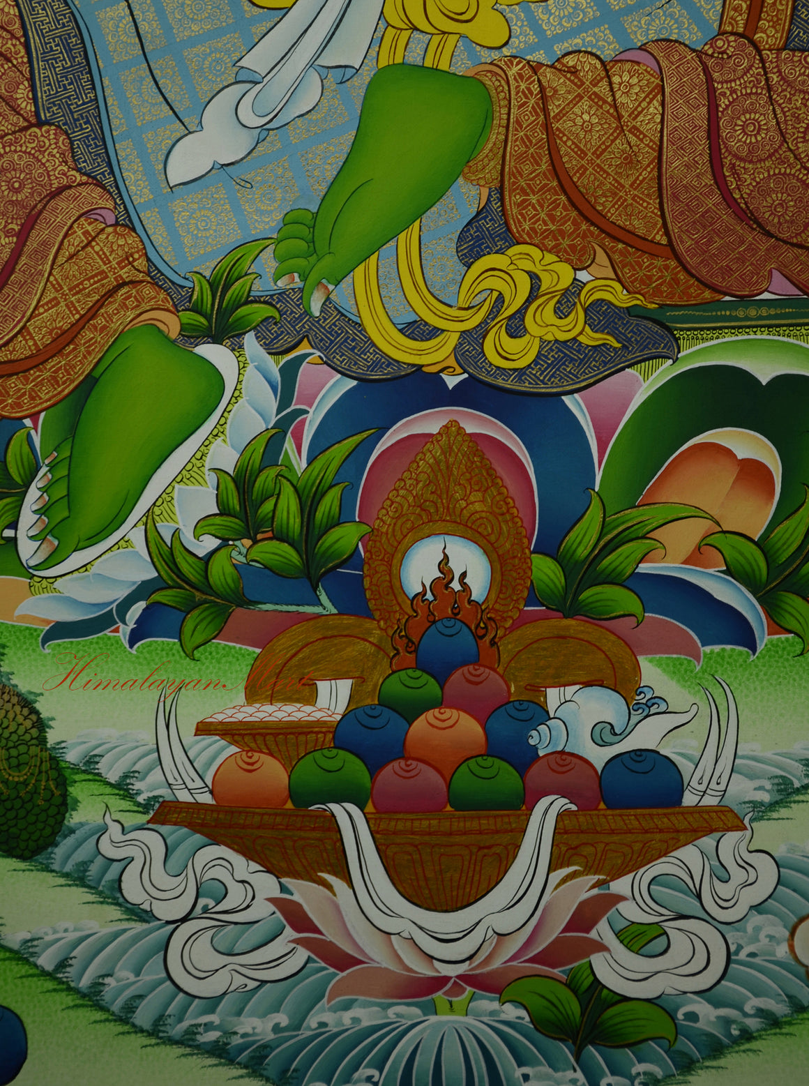 Lotus base detail of Green Tara Meditation Thangka, hand-painted with intricate Tibetan patterns and 24K gold accents.
