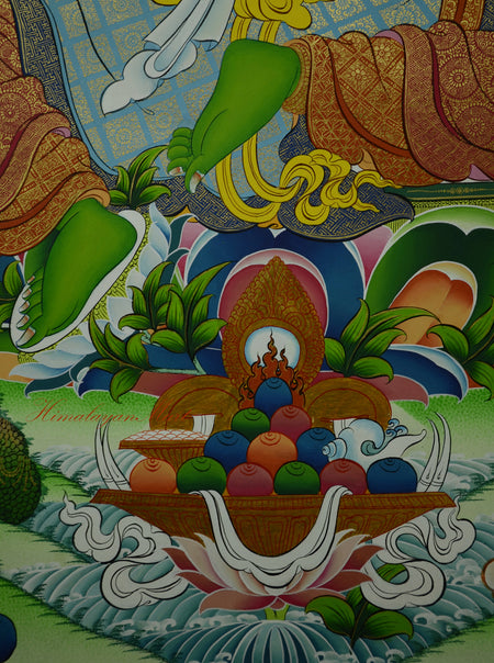 Lotus base detail of Green Tara Meditation Thangka, hand-painted with intricate Tibetan patterns and 24K gold accents.