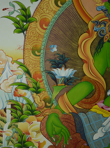 Right-hand detail of Green Tara Meditation Thangka, showing Varada Mudra holding a blooming lotus flower.