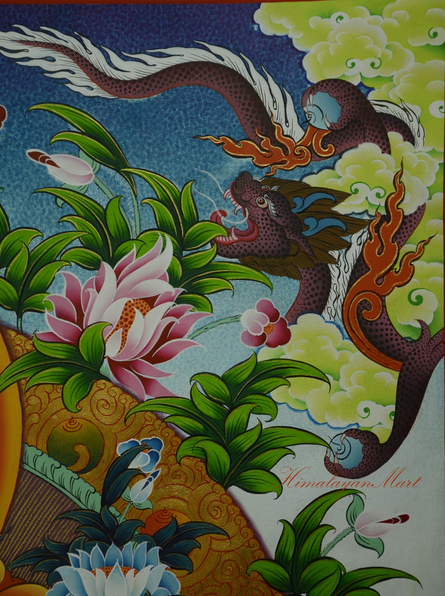 Top-left corner detail of Green Tara Meditation Thangka, featuring a dragon emerging from clouds in Tibetan style.