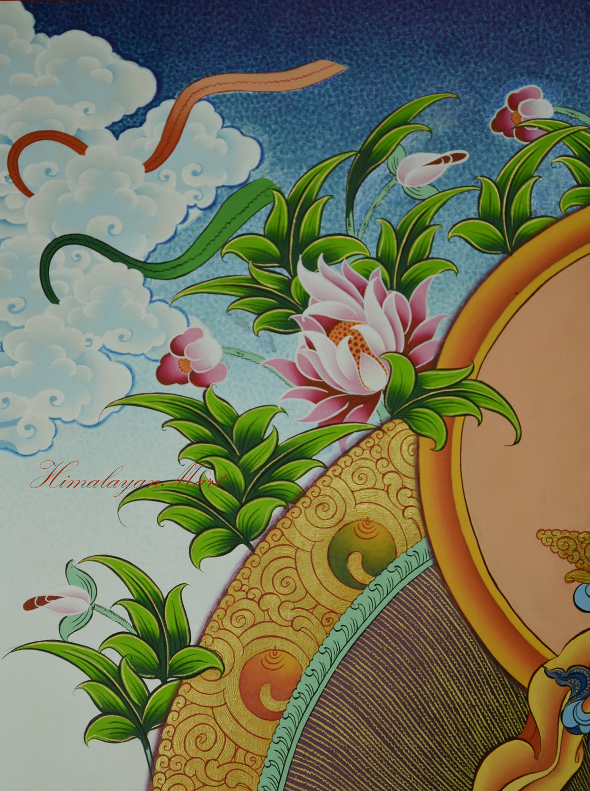 Top-right corner detail of Green Tara Meditation Thangka, showing soft drifting clouds and Tibetan landscape elements.