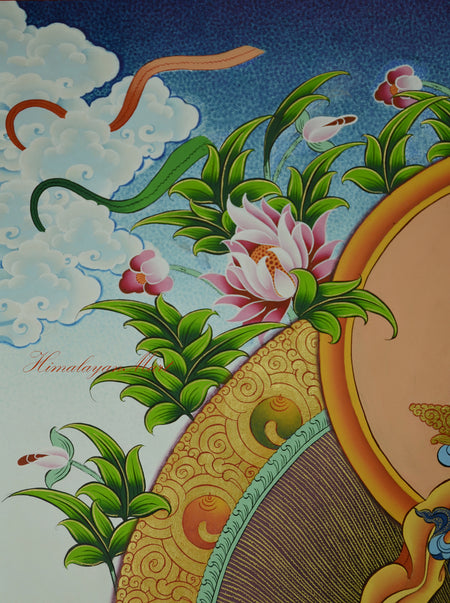 Top-right corner detail of Green Tara Meditation Thangka, showing soft drifting clouds and Tibetan landscape elements.